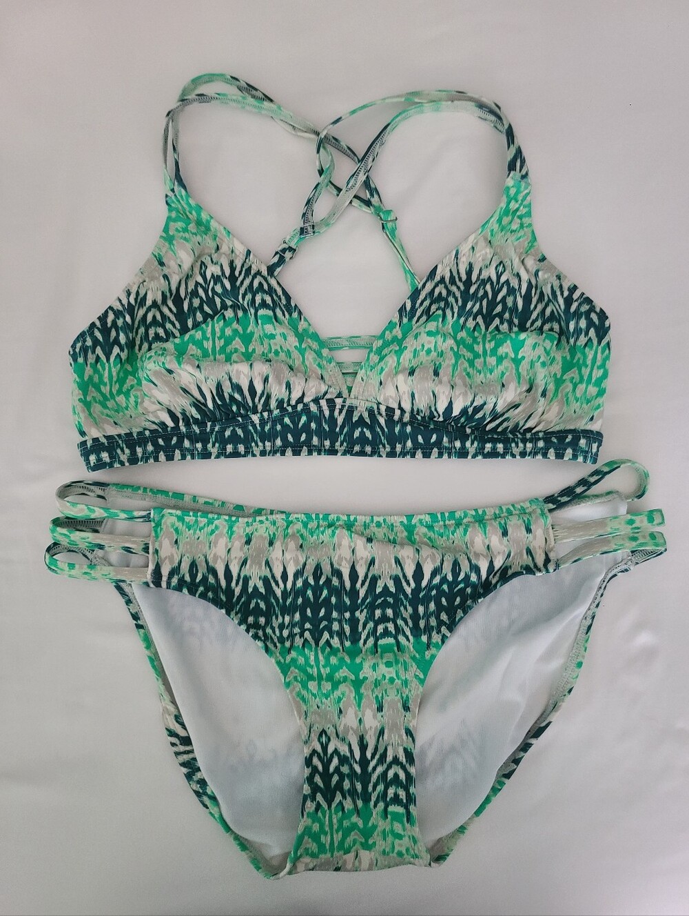 Athleta Green & Teal Patterned Strappy Bikini Set Womens Medium